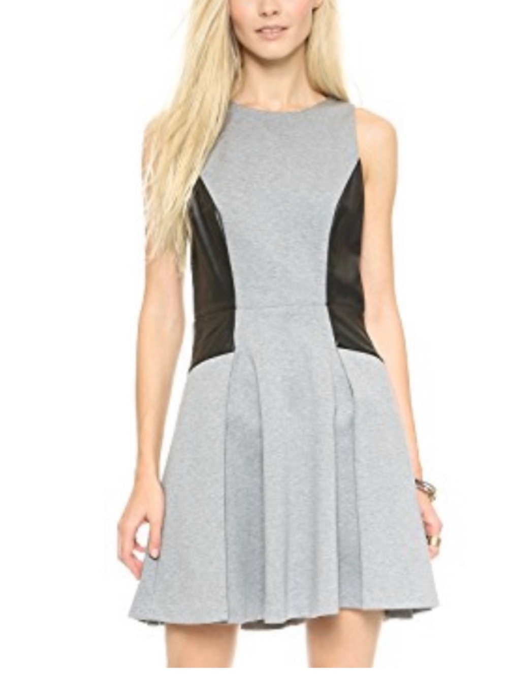 Club Monaco Janine Heather Gray Black Leather Trim Flare Sleeveless Dress size 4